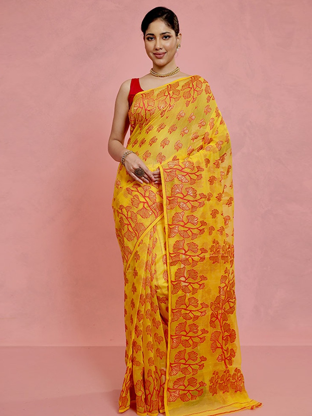 

AllSilks Ethnic Motifs Woven Design Jamdani Saree, Yellow