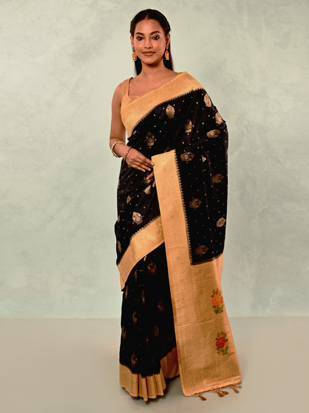 

AllSilks Ethnic Motifs Woven Design Zari Detailed Saree, Black