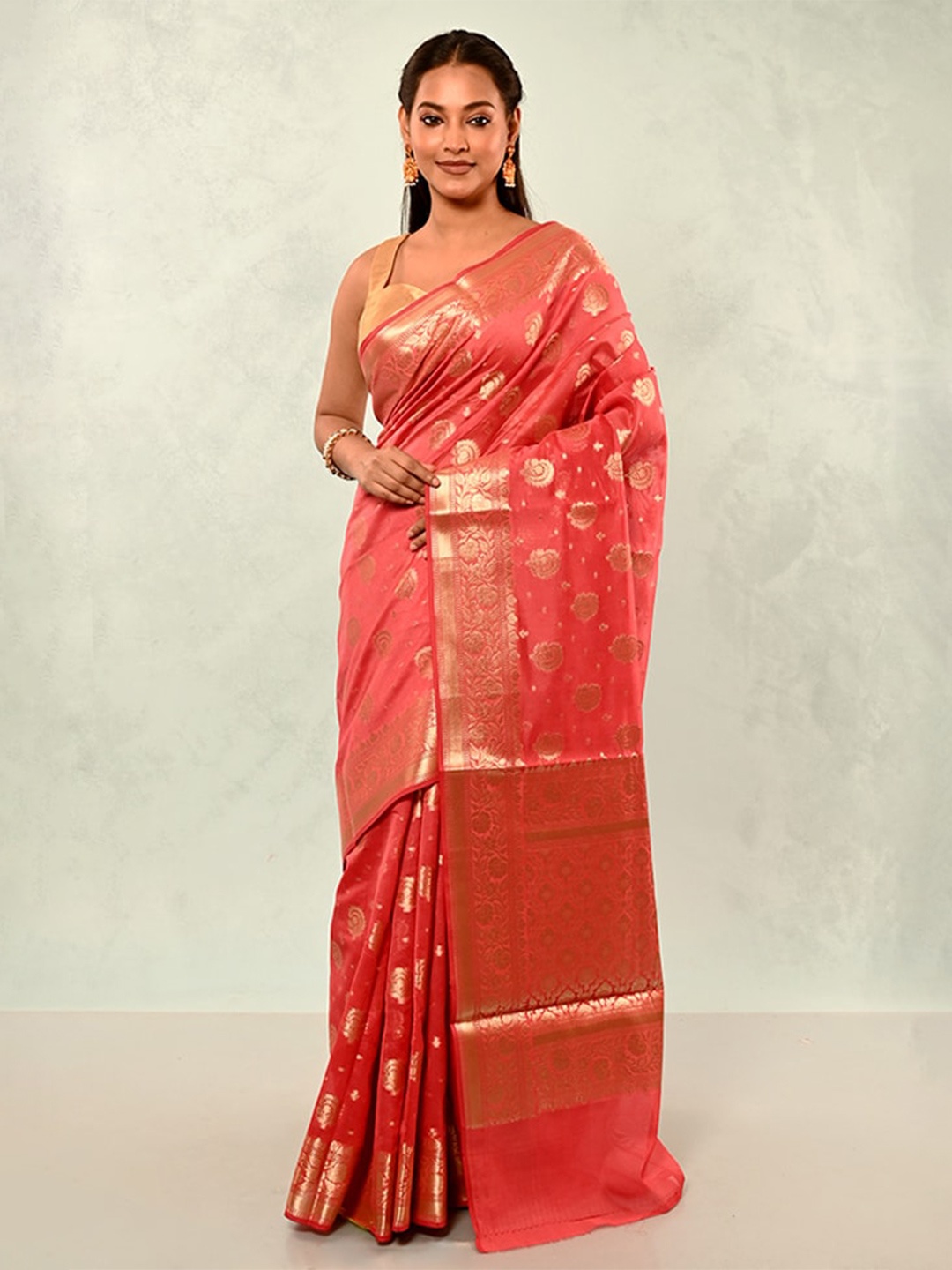 

AllSilks Ethnic Motifs Woven Design Zari Detailed Saree, Pink