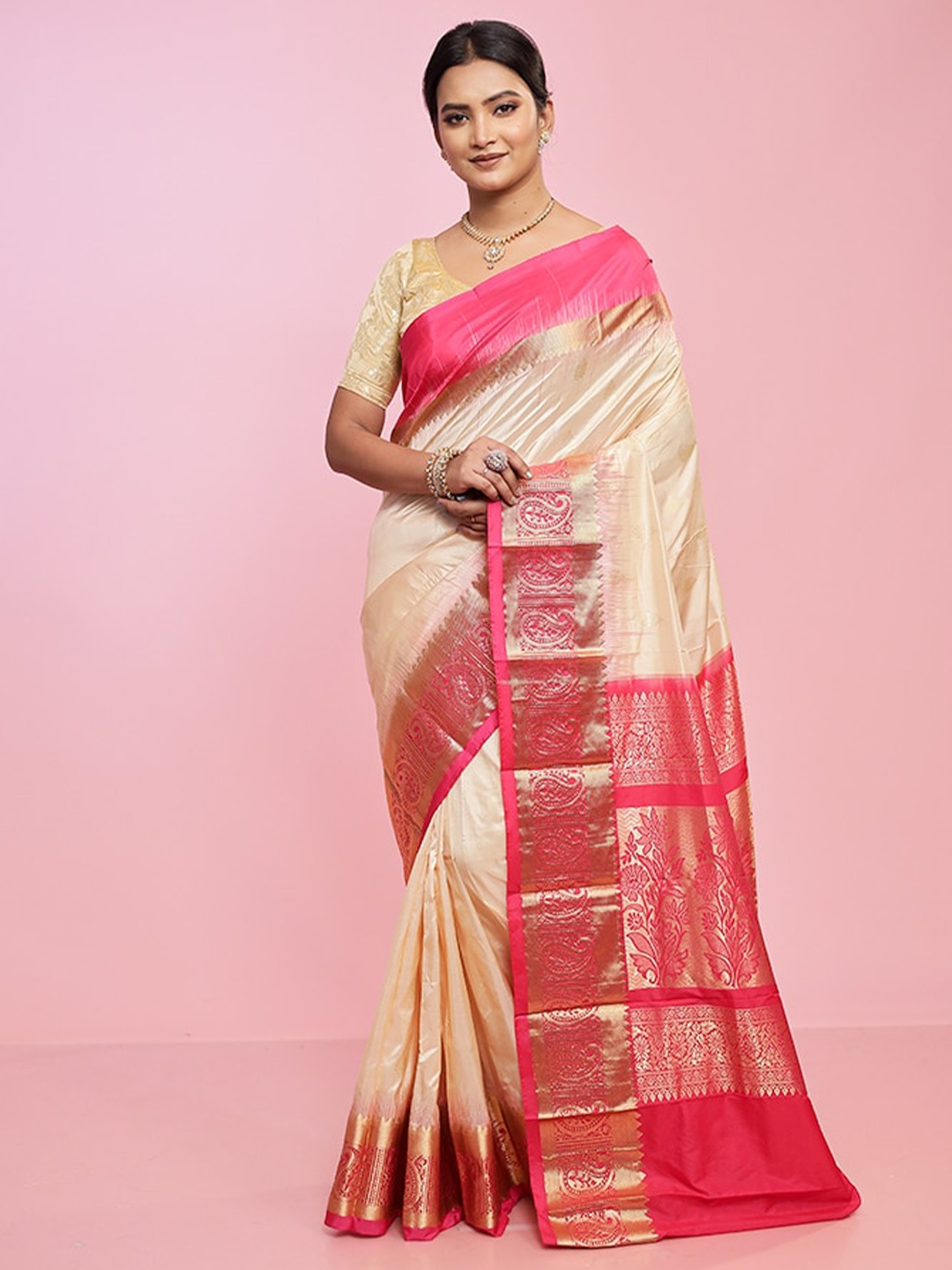

AllSilks Ethnic Motifs Woven Design Zari Detailed Pure Silk Kanjeevaram Saree, Cream