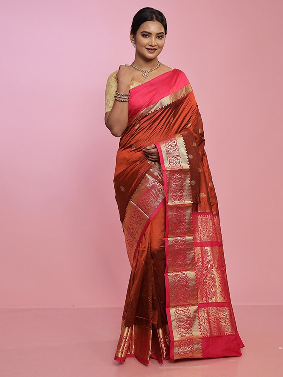 

AllSilks Ethnic Motifs Woven Design Zari Detailed Pure Silk Kanjeevaram Saree, Brown
