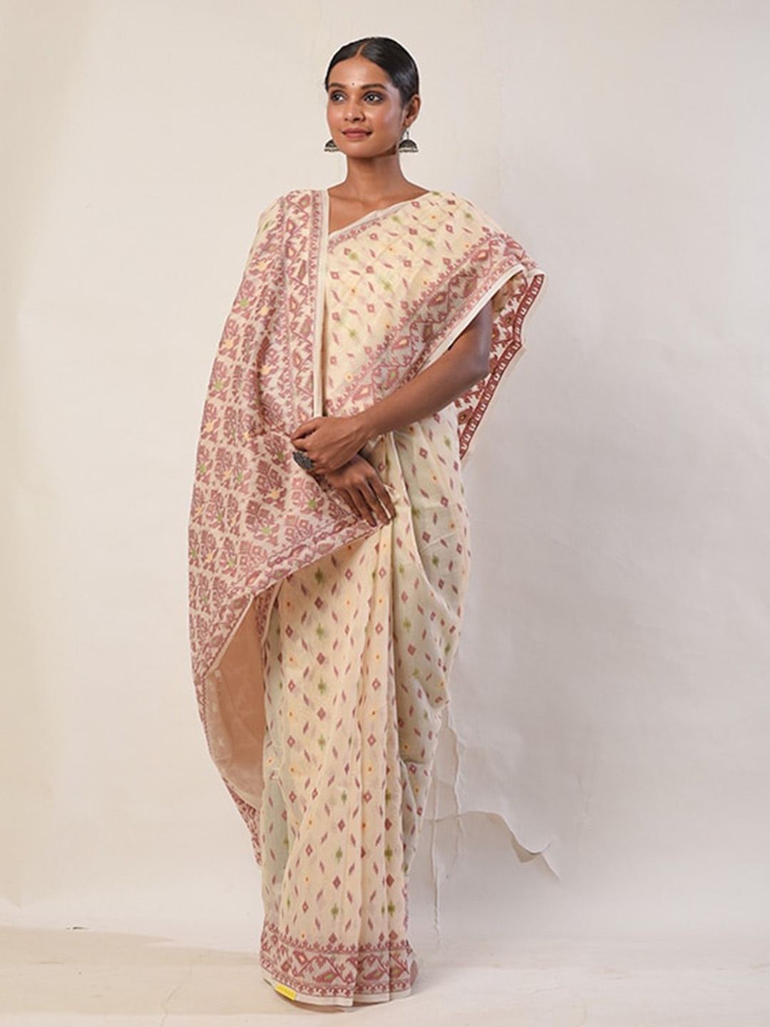 

AllSilks Ethnic Motifs Woven Design Taant Saree, Cream