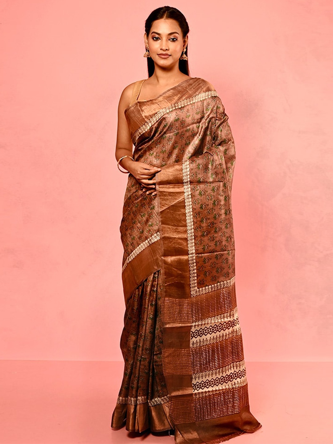 

AllSilks Ethnic Motifs Printed Zari Tussar Saree, Brown