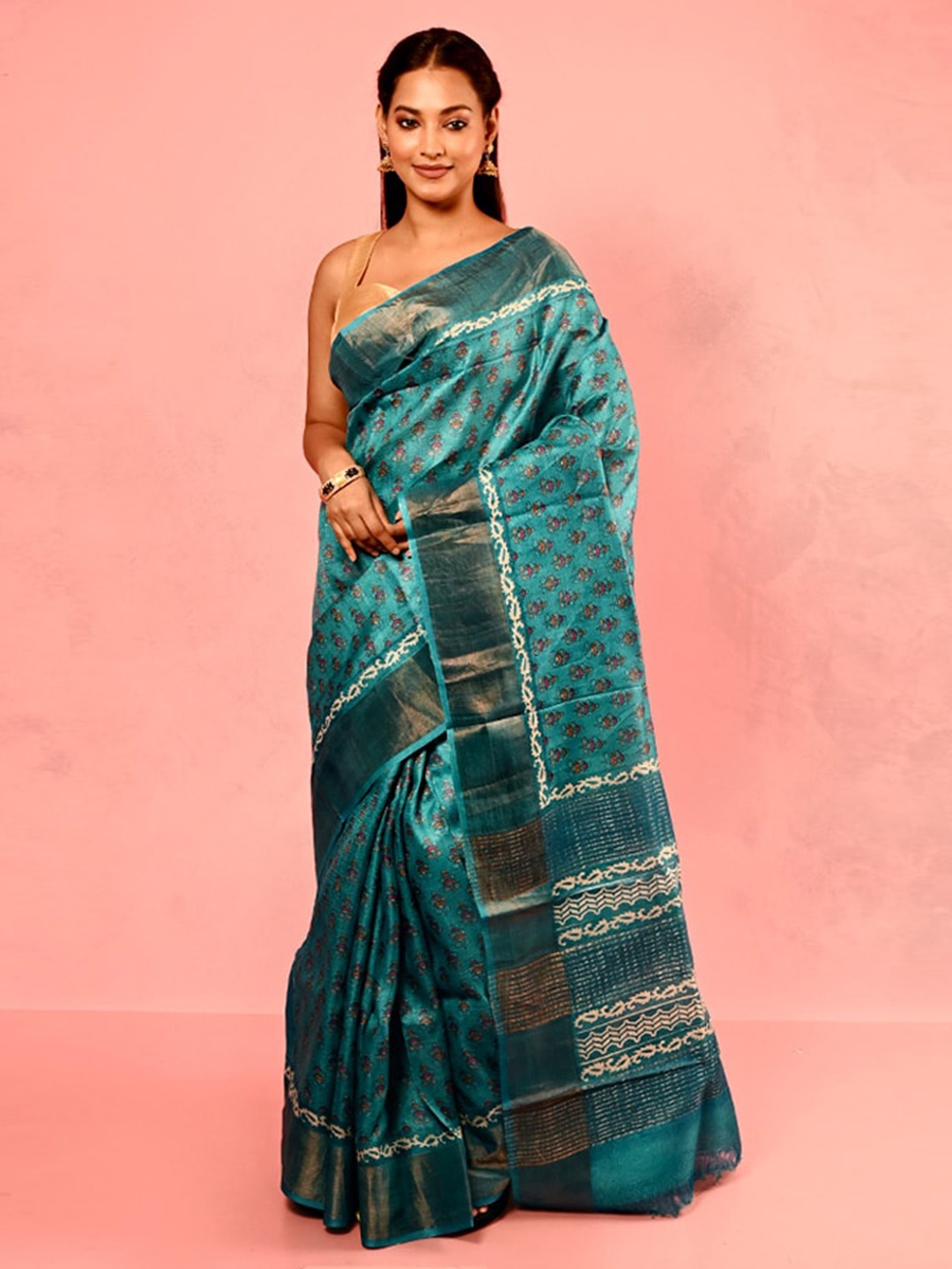 

AllSilks Ethnic Motifs Printed Zari Tussar Saree, Blue