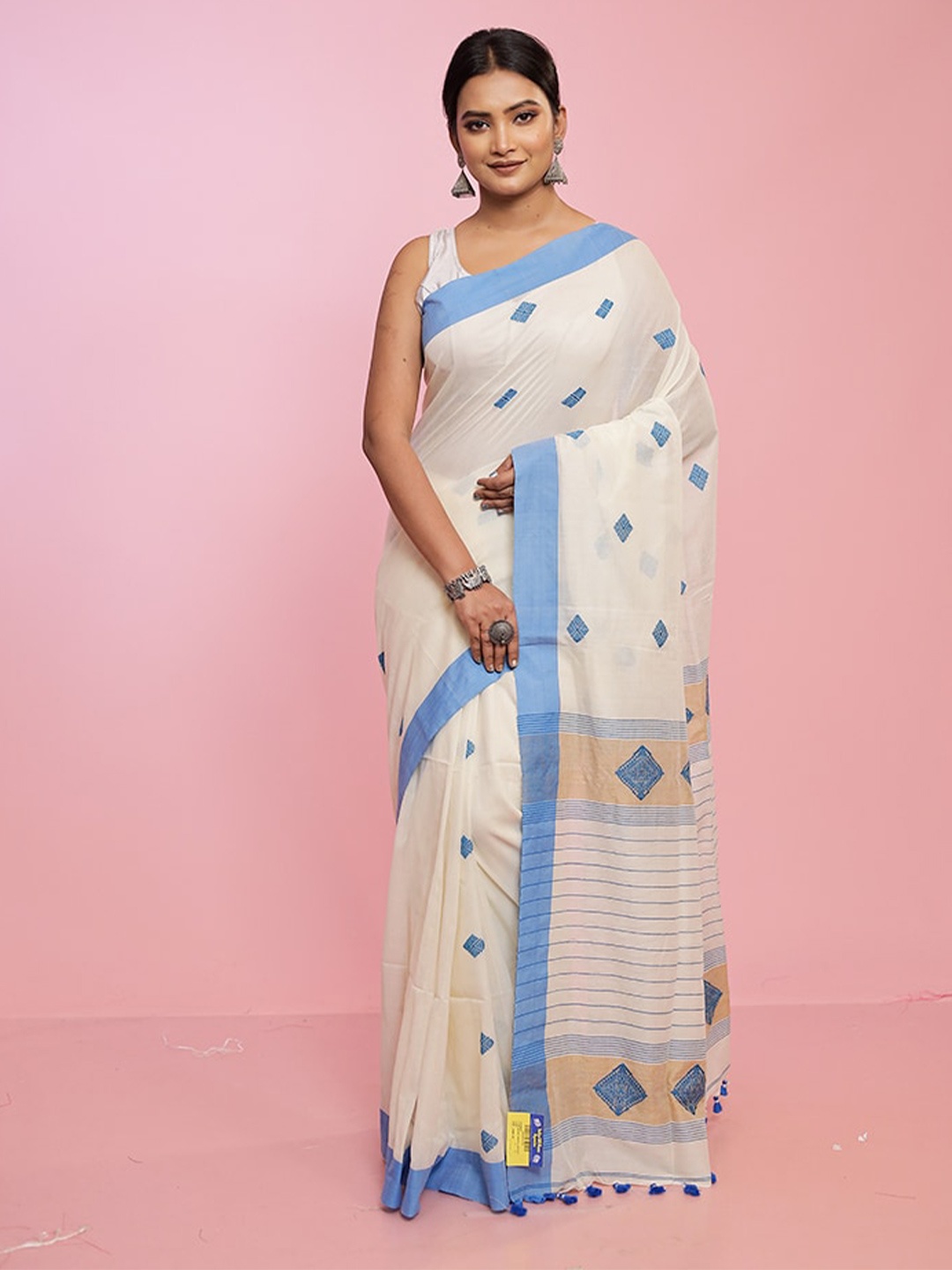 

AllSilks Geometric Woven Design Pure Cotton Saree, Cream