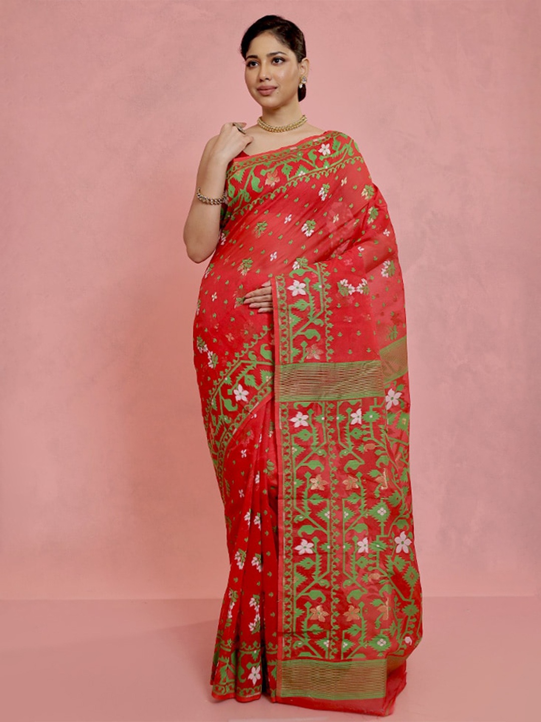 

AllSilks Floral Woven Design Taant Saree, Red