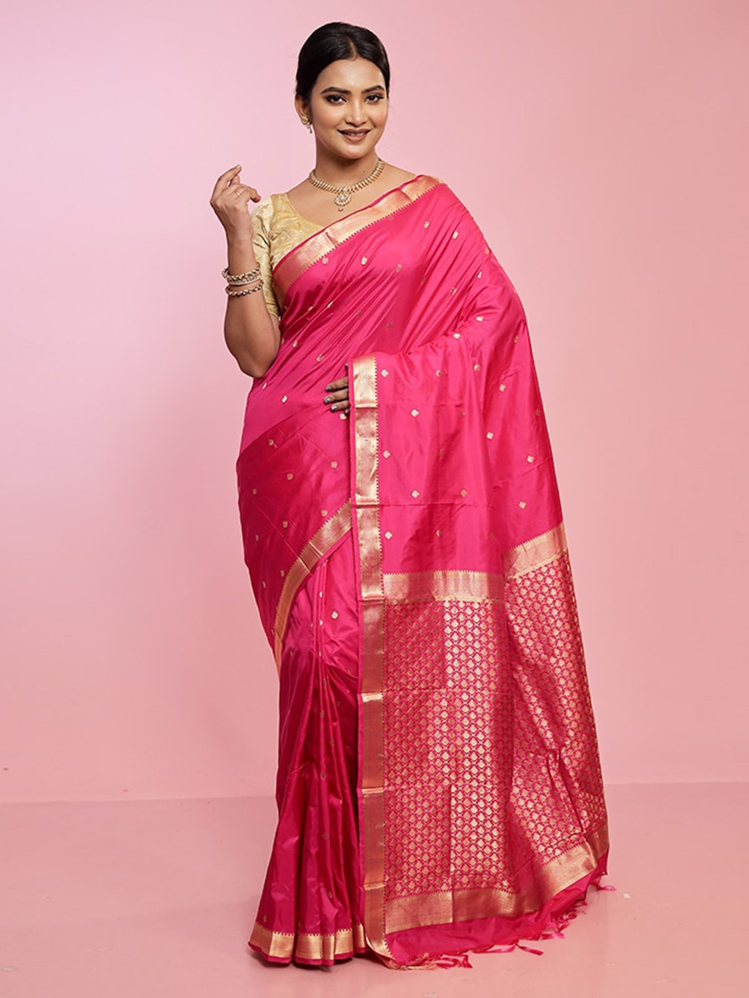 

AllSilks Ethnic Motifs Woven Design Zari Pure Silk Kanjeevaram Saree, Pink