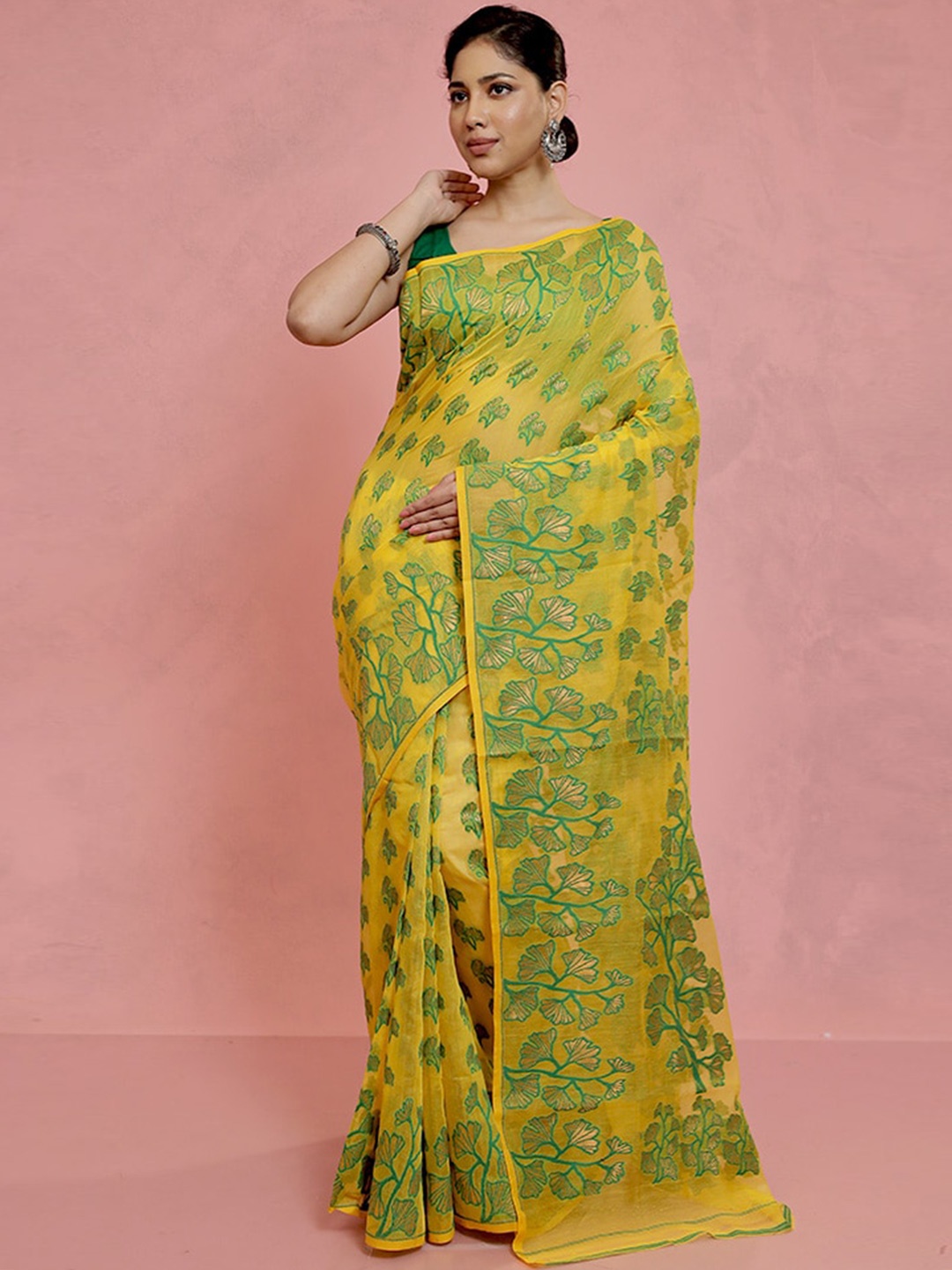 

AllSilks Floral Woven Design Taant Saree, Yellow