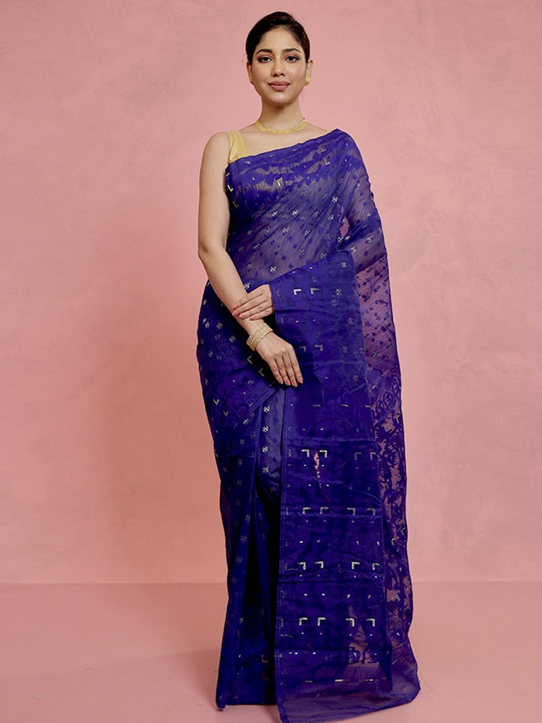

AllSilks Ethnic Motifs Woven Design Taant Saree, Blue