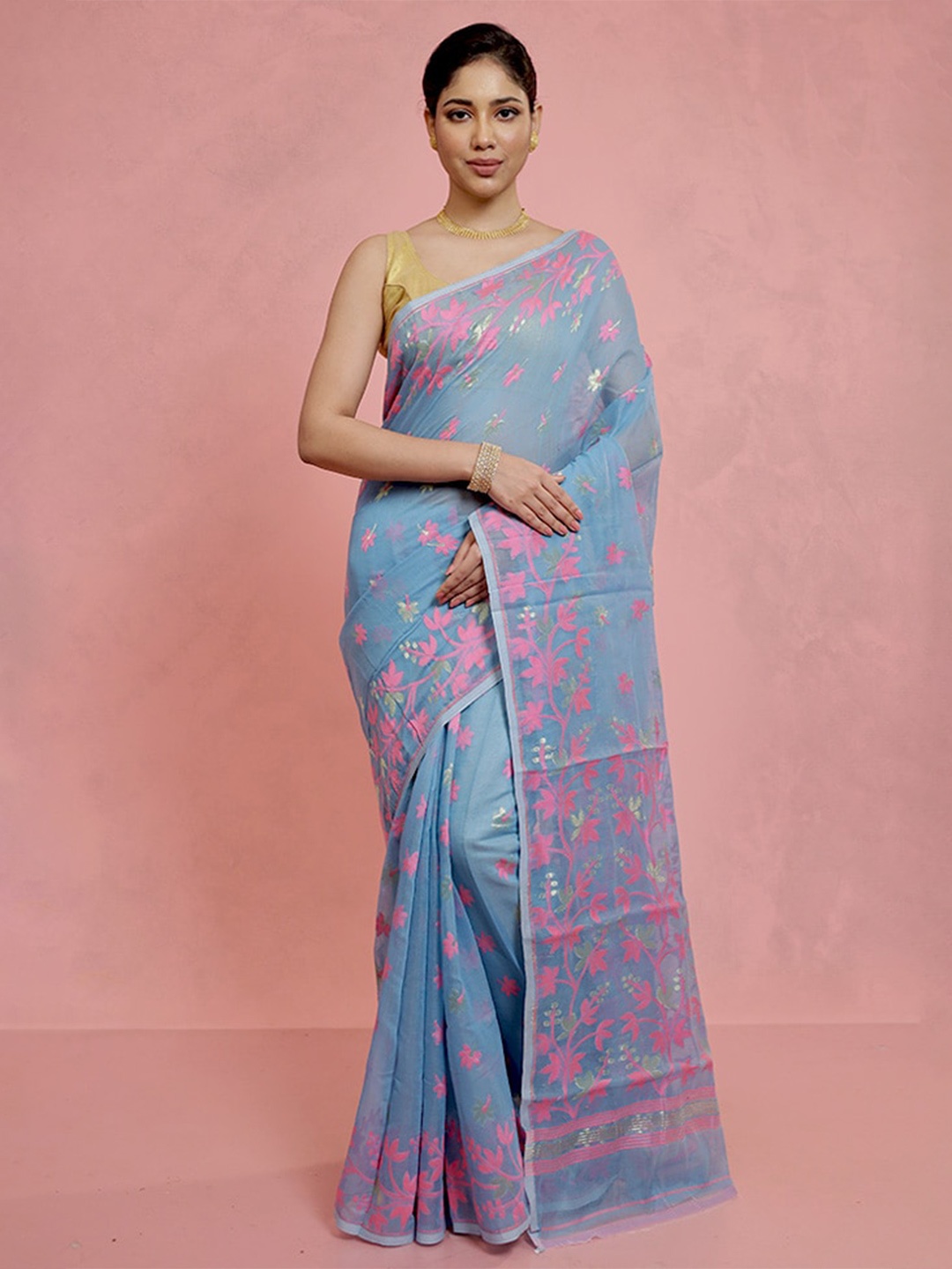 

AllSilks Floral Woven Design Taant Saree, Blue