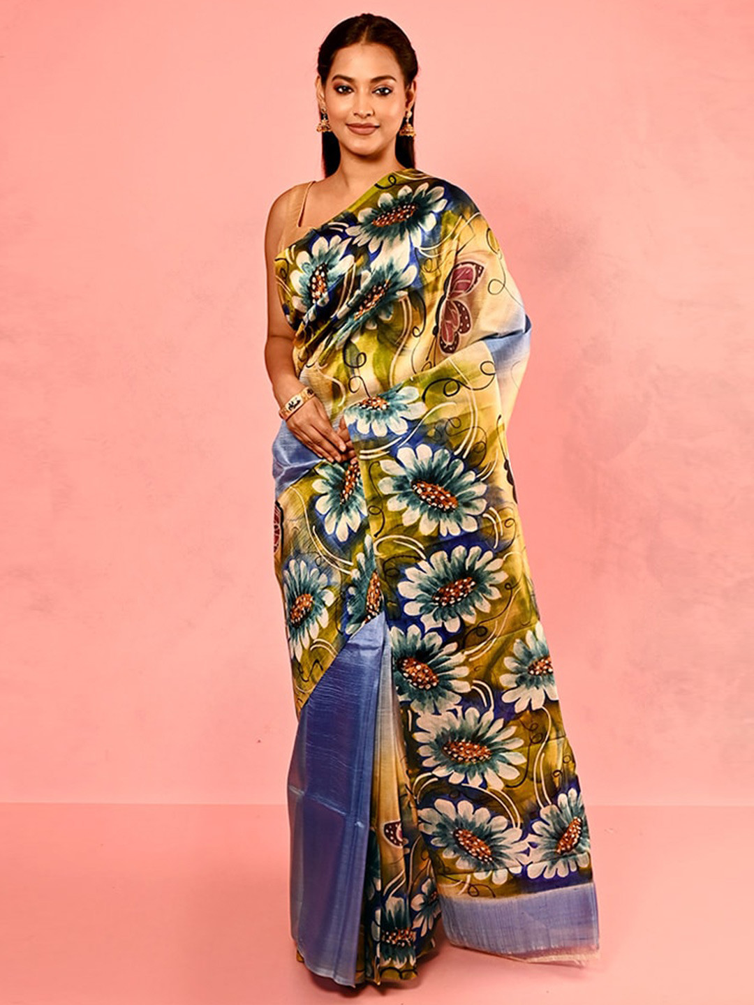 

AllSilks Floral Printed Pure Silk Saree, Blue