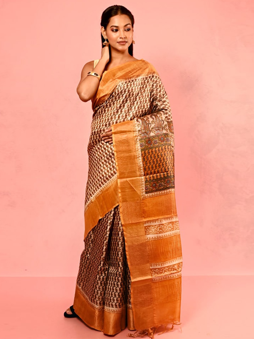 

AllSilks Paisley Printed Tussar Saree, Cream