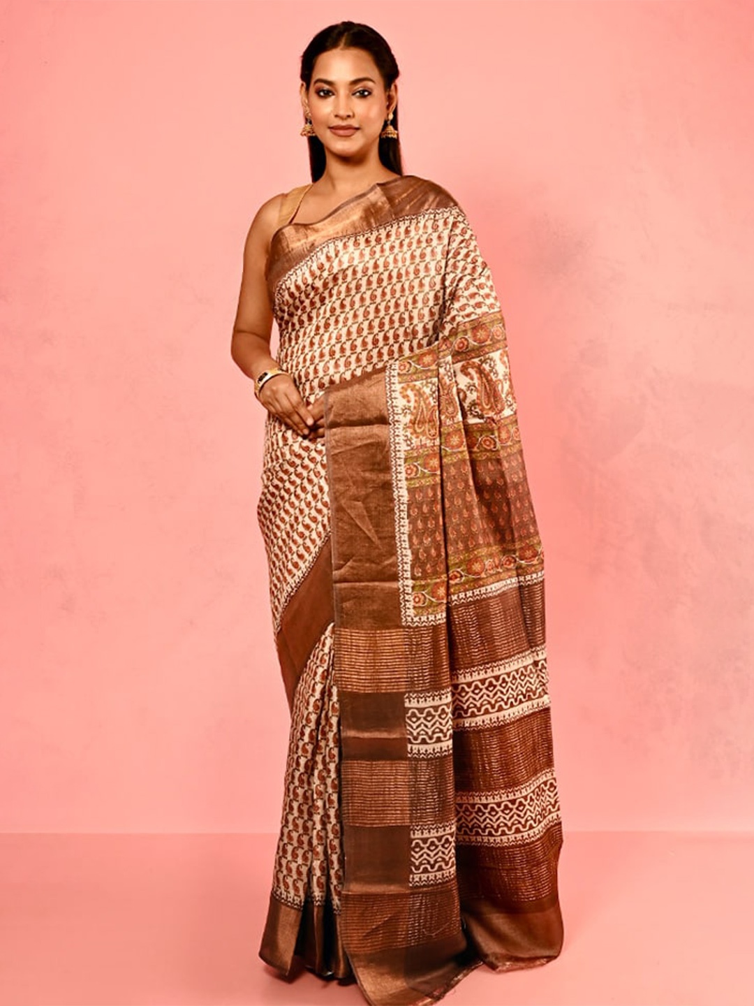 

AllSilks Paisley Printed Tussar Saree, Cream