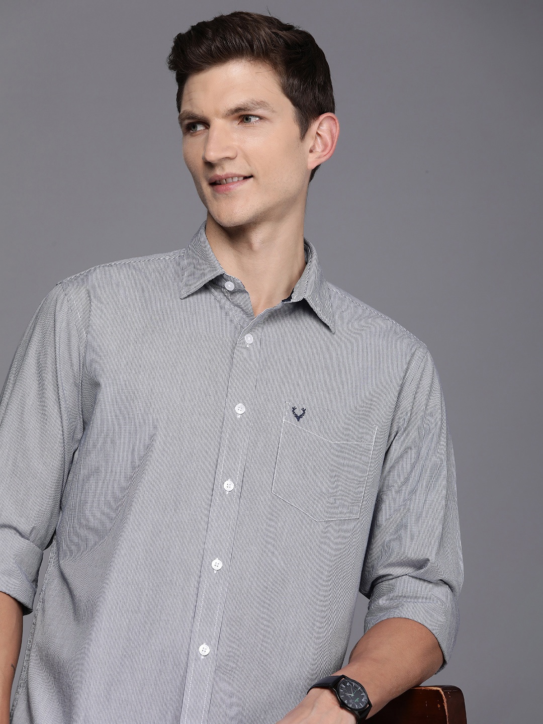 

Allen Solly Pure Cotton Self Striped Sport Fit Casual Shirt, Grey