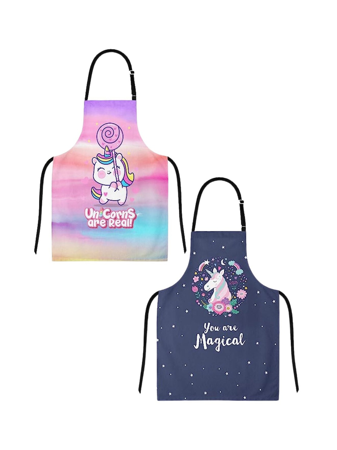 

THEYAYACAFE Kids Blue & Pink 2-Pieces Printed Canvas Cotton Aprons