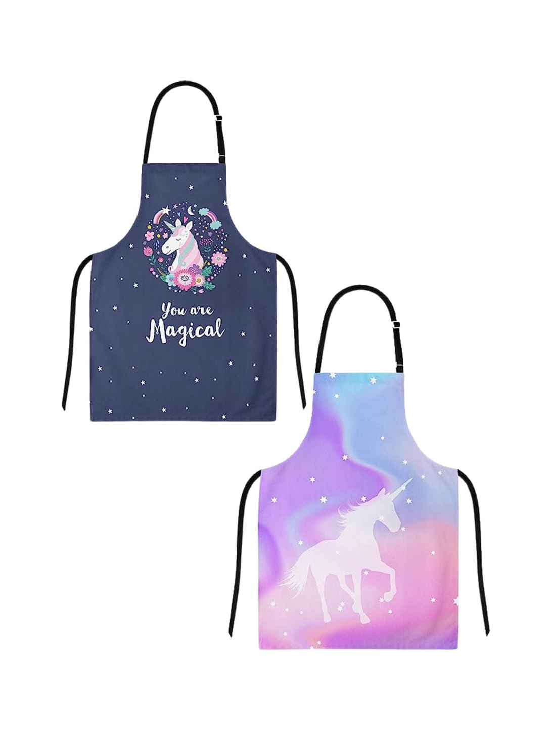 

THEYAYACAFE Kids Blue & Purple 2-Pieces Unicorn Printed Canvas Cotton Aprons