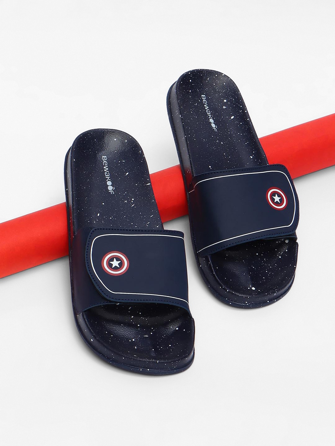 

Bewakoof Men Marvel Merchandise X America Shield Velcro Sliders, Navy blue