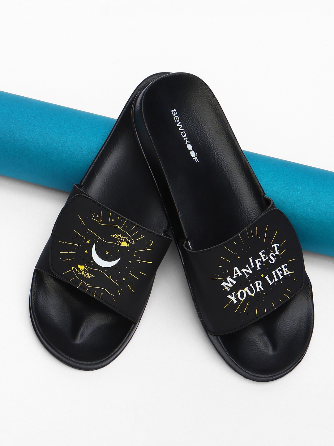 

Bewakoof Women Manifest Life Printed Adjustable Velcro Sliders, Black