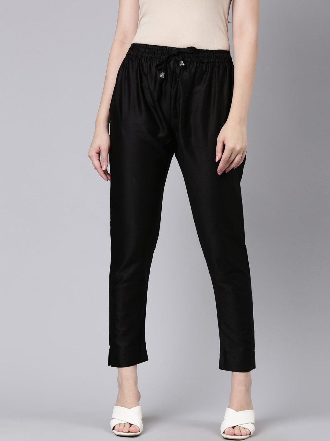 

GOLDSTROMS Women Mid-Rise Cotton Satin Trousers, Black