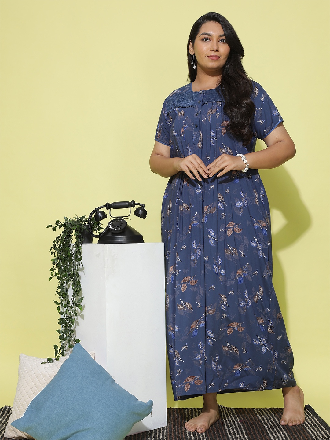 

9shines Label Floral Printed Maxi Nightdress, Navy blue
