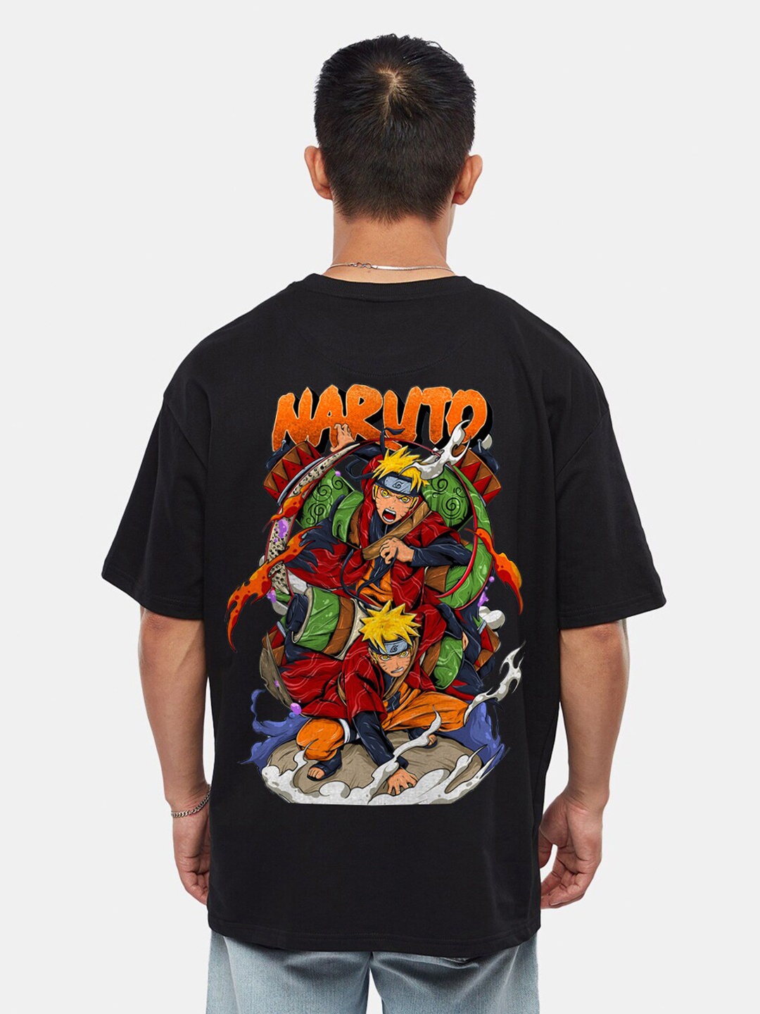 

Crazymonk Naruto Uzumaki Anime Printed Drop-Shoulder Sleeves Cotton Oversized T-shirt, Black