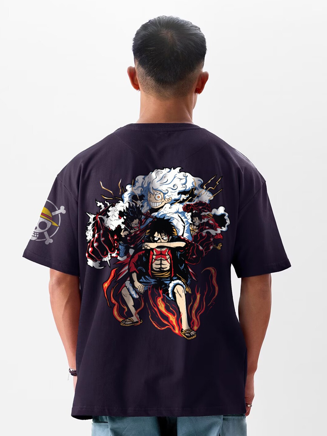 

Crazymonk One Piece Luffy Anime Printed Cotton Oversized T-shirt, Navy blue