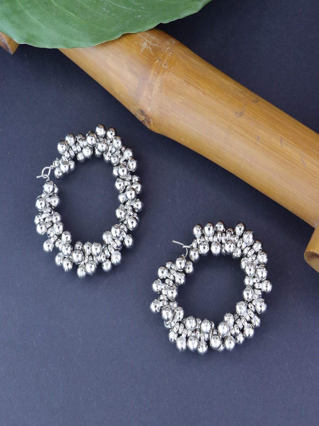 

I Jewels Silver Plated Oxidised Ghungroo Hoop Earrings