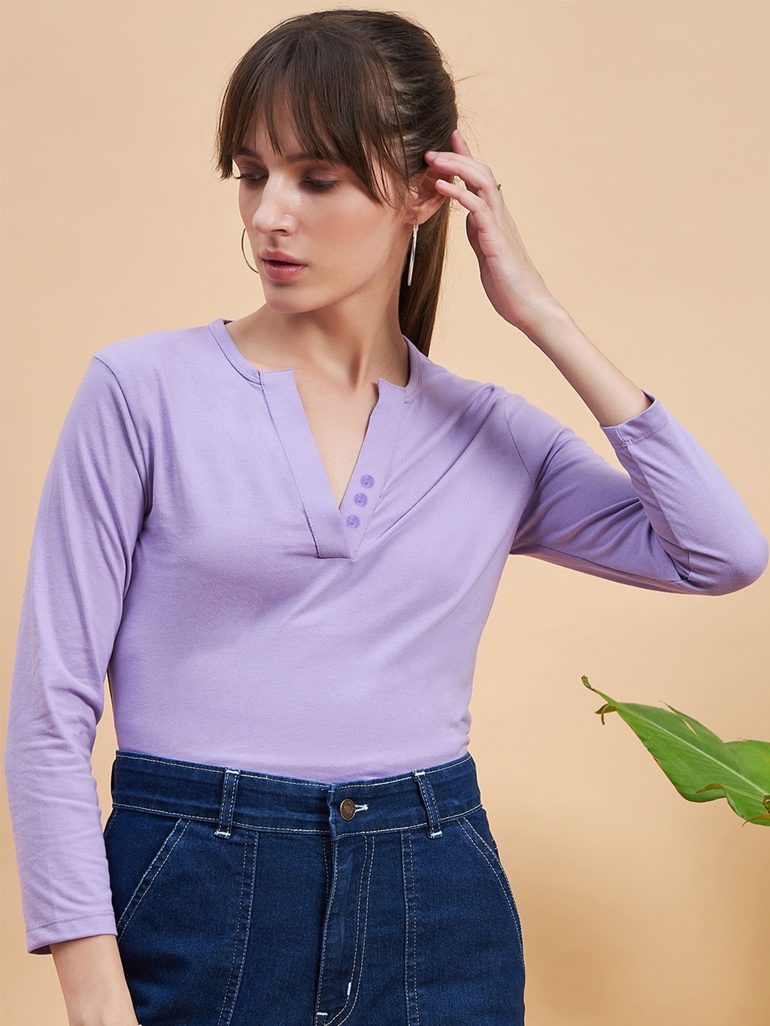 

MINT STREET Women Lavender Henley Neck Pockets T-shirt
