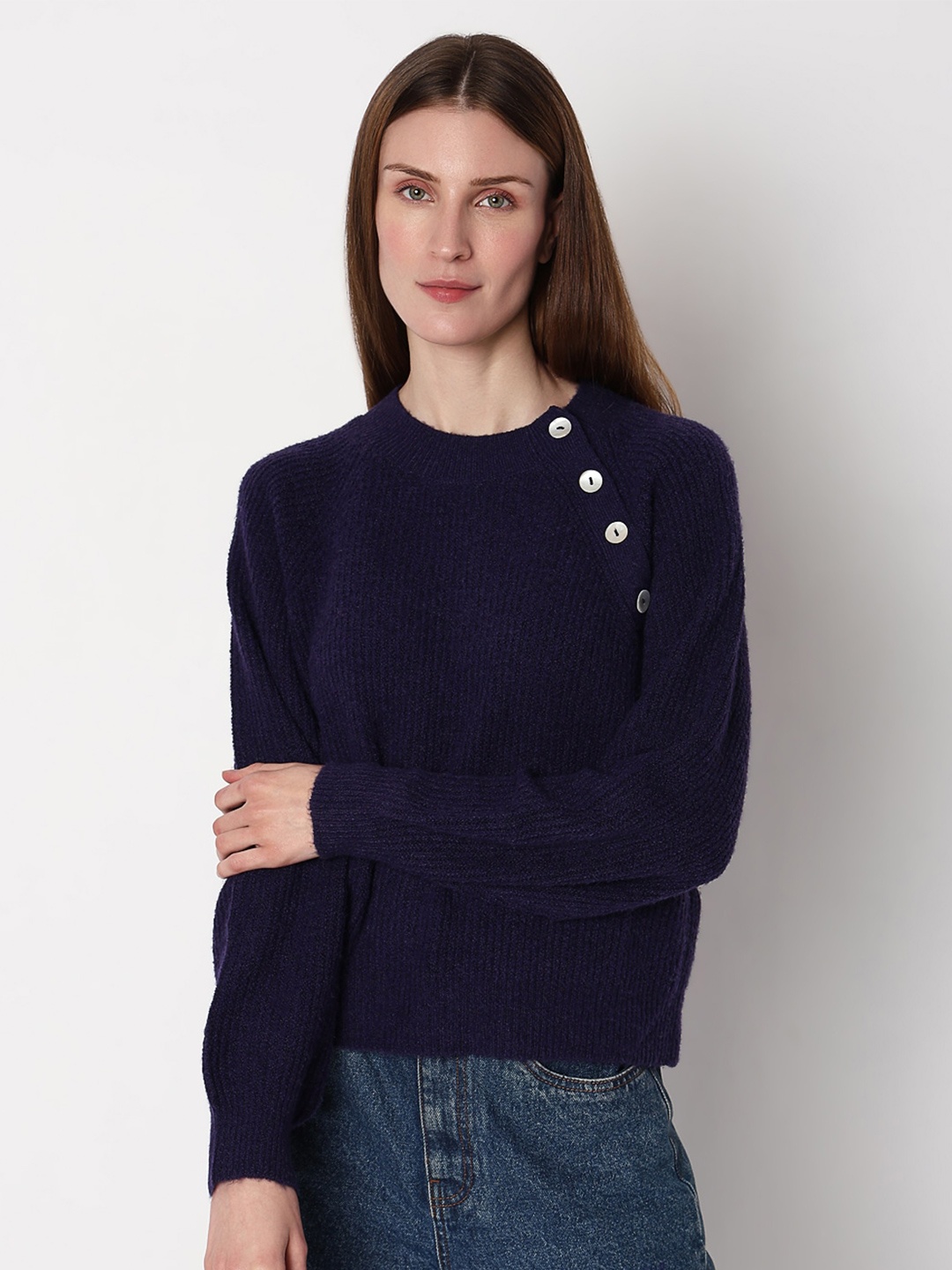 

Vero Moda Round Neck Button Detail Ribbed Pullover, Navy blue