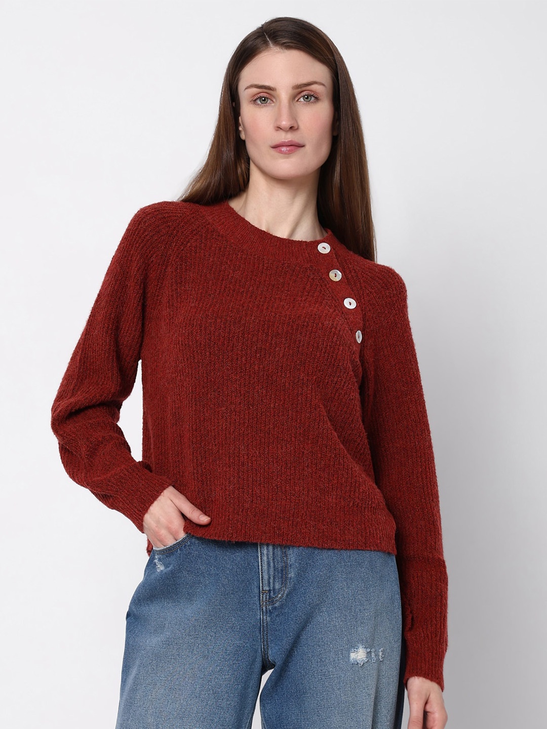 

Vero Moda Round Neck Button Detail Ribbed Pullover, Maroon