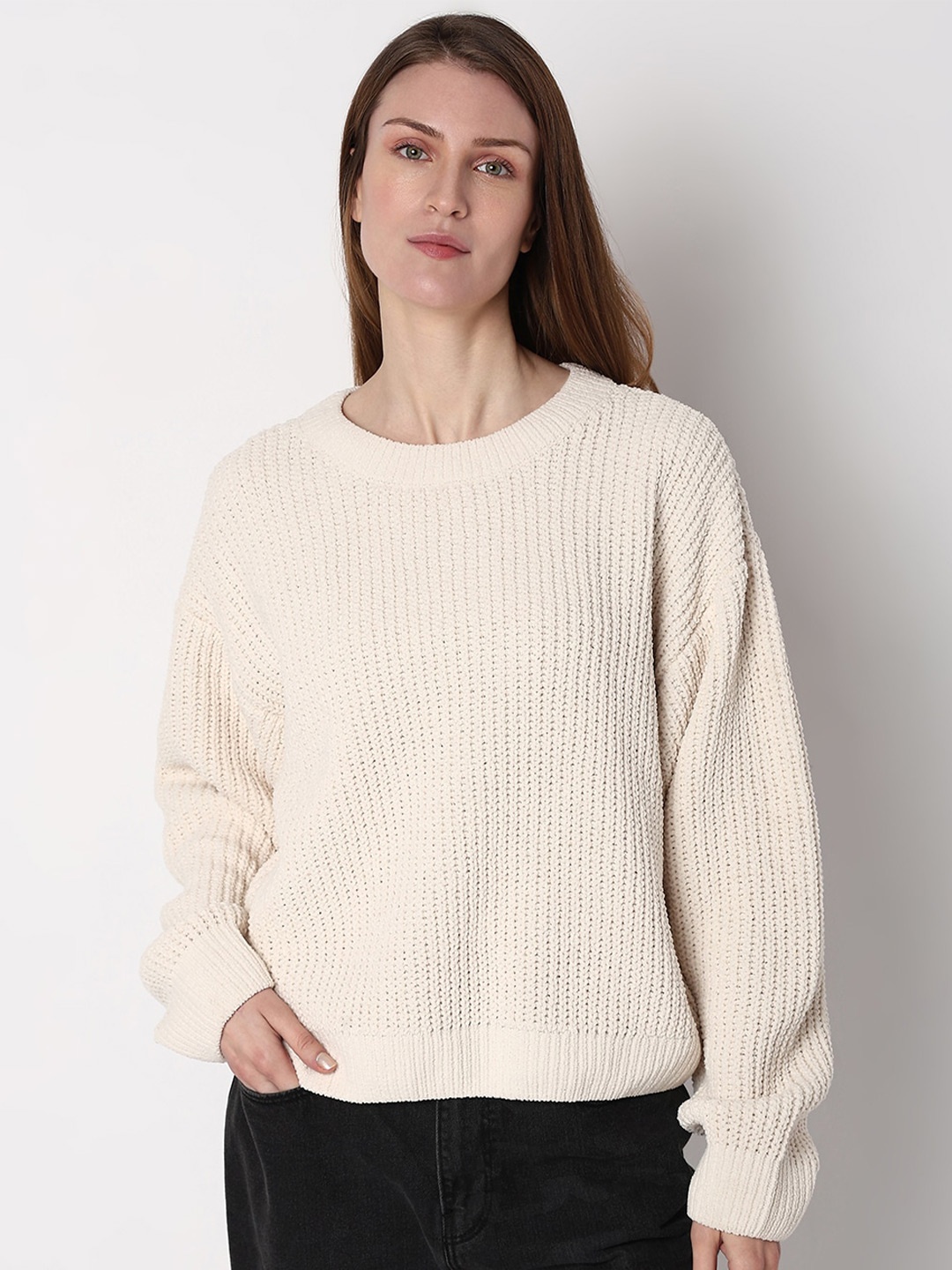 

Vero Moda Ribbed Round Neck Knitted Pullover, Off white