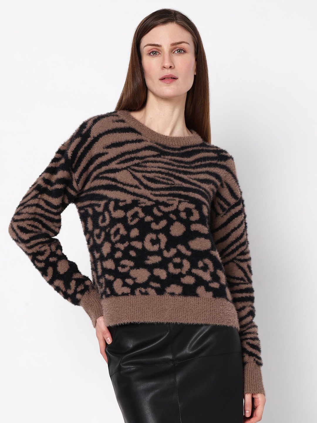 

Vero Moda Animal Printed Round Neck Acrylic Pullover, Brown