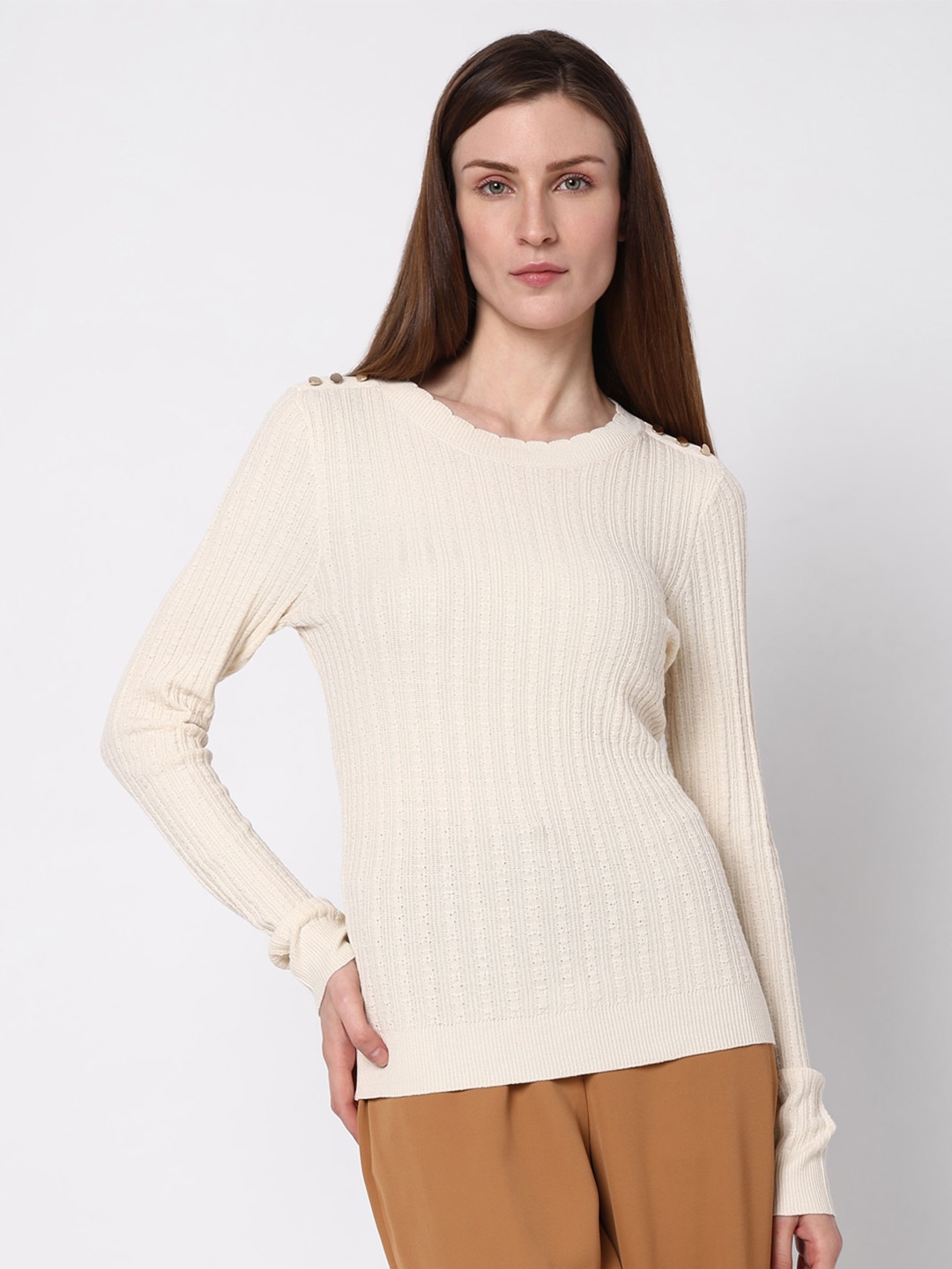 

Vero Moda Self Design Ribbed Pullover, Off white