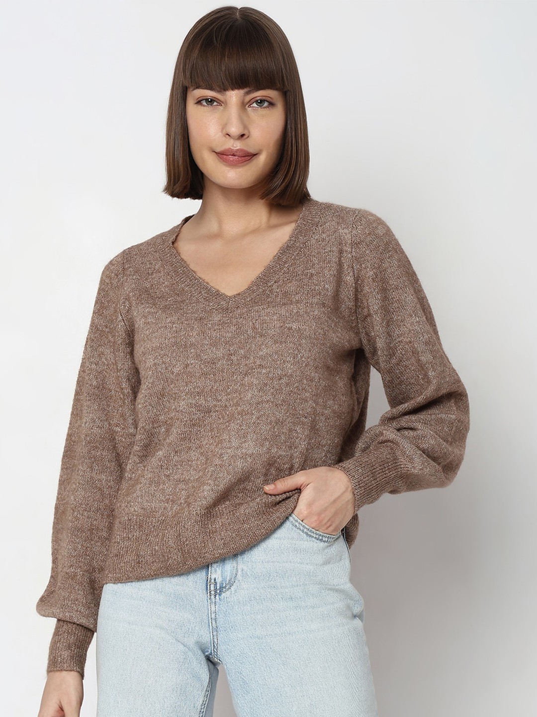 

Vero Moda Ribbed V-Neck Pullover, Brown