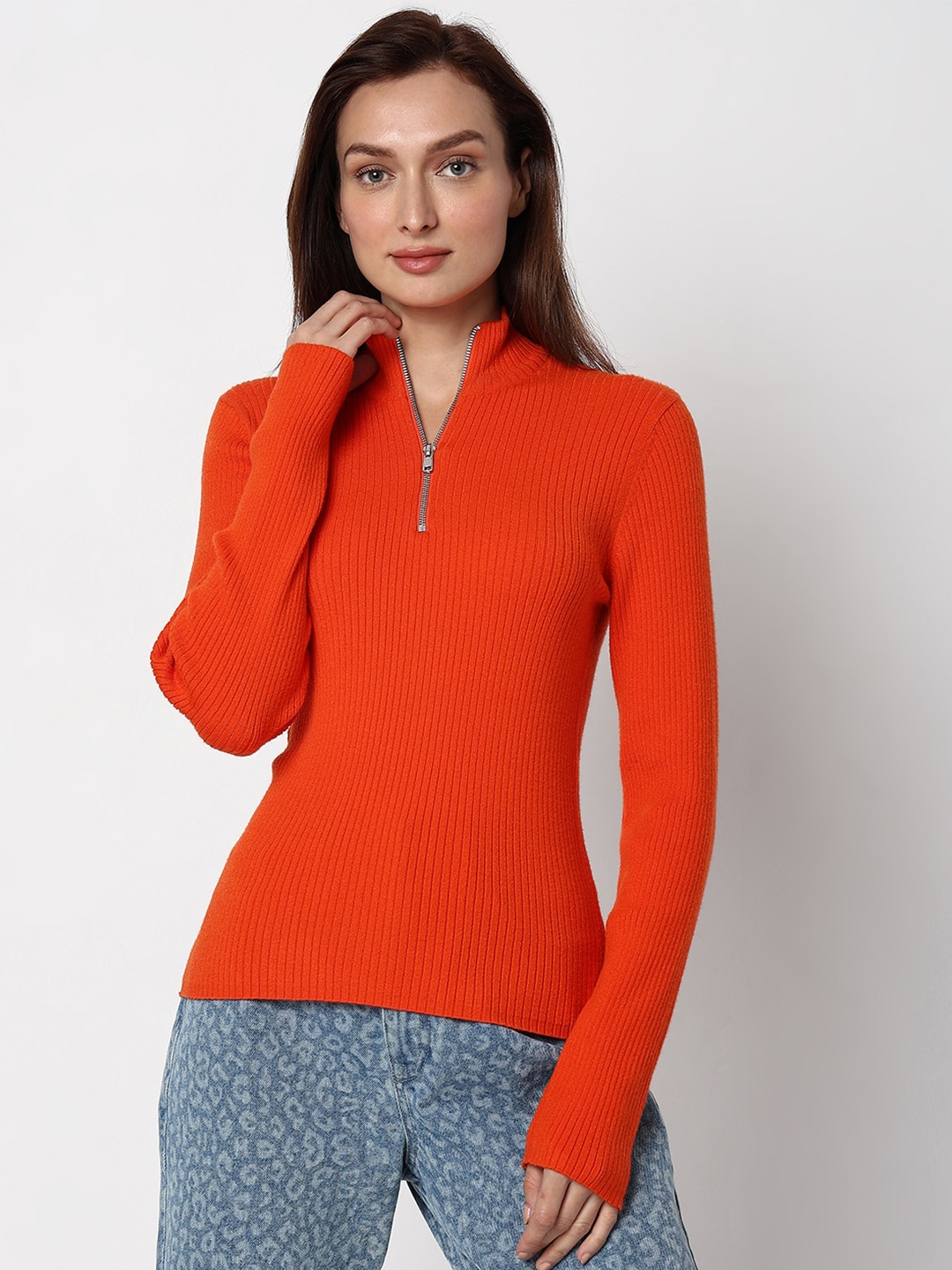 

Vero Moda Ribbed Half Zipper Pullover, Orange