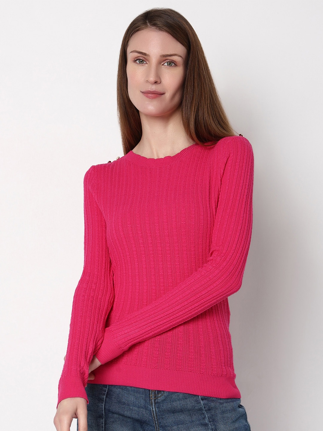 

Vero Moda Self Design Ribbed Pullover, Pink