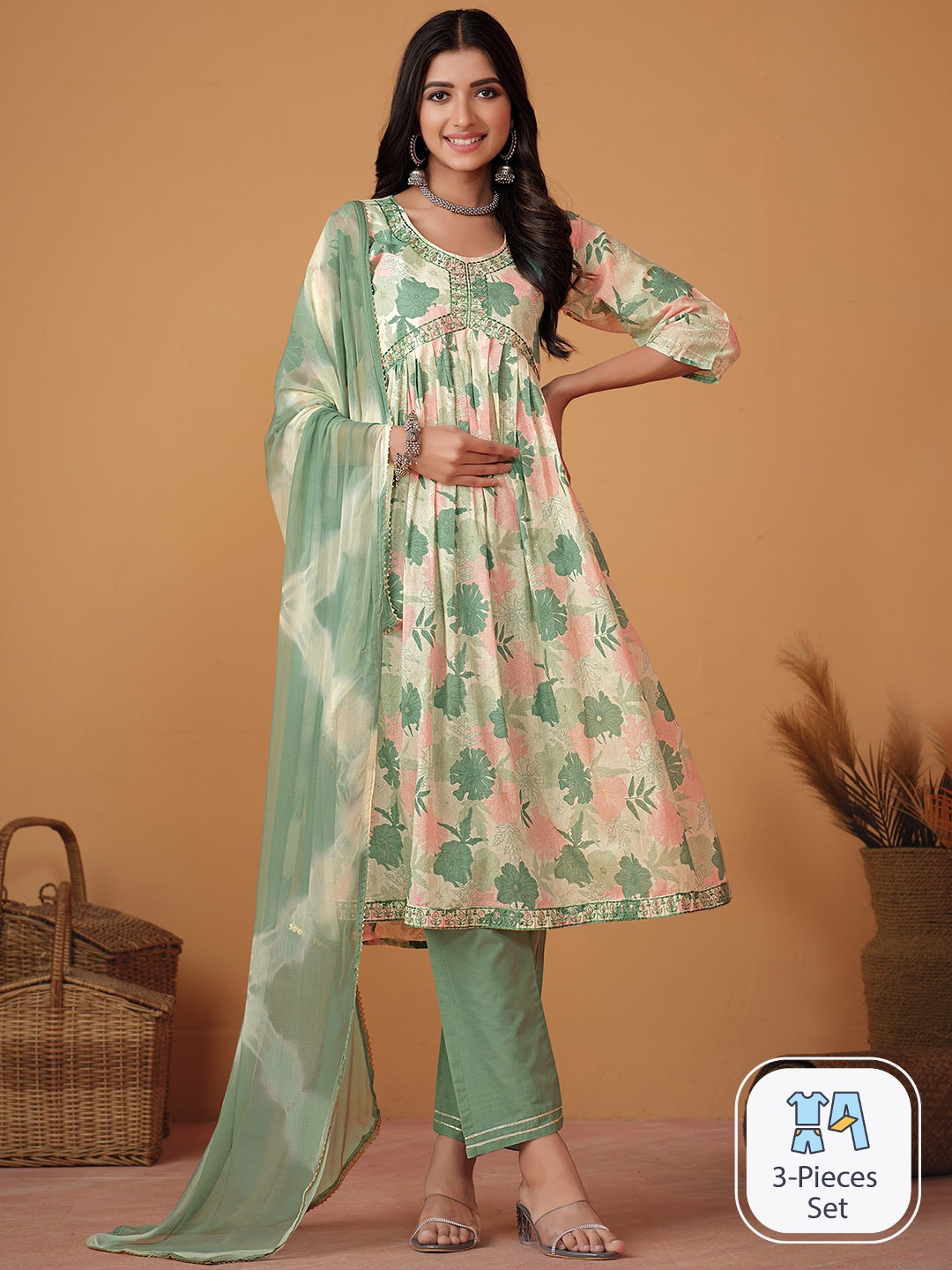 

Sangria Floral Printed Thread Work A-Line Empire Kurta & Trouser With Dupatta, Off white