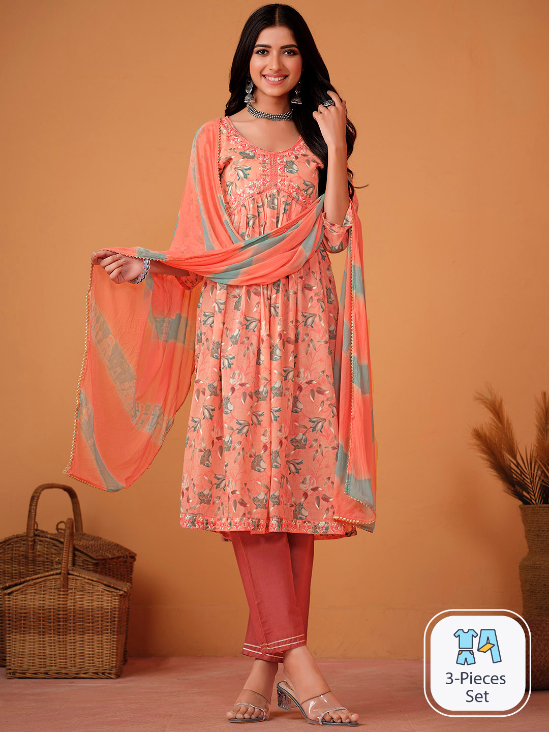 

Sangria Floral Printed Empire Kurta with Trouser & With Dupatta, Peach