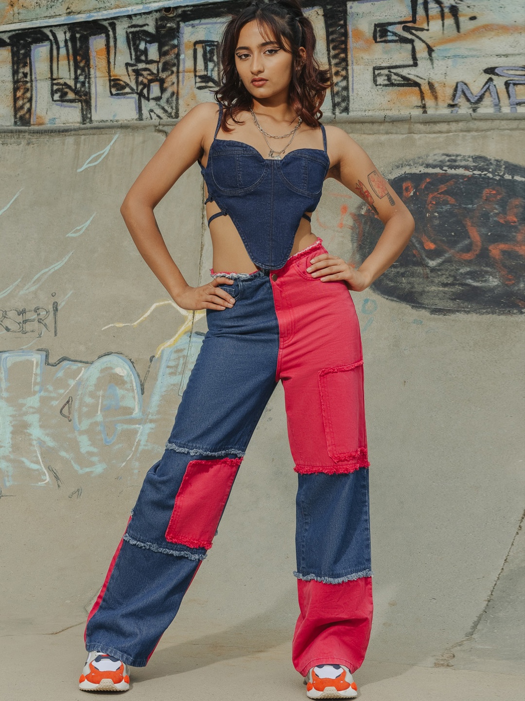 

FREAKINS Women Colourblocked Wide Leg High-Rise Pure Cotton Jeans, Blue