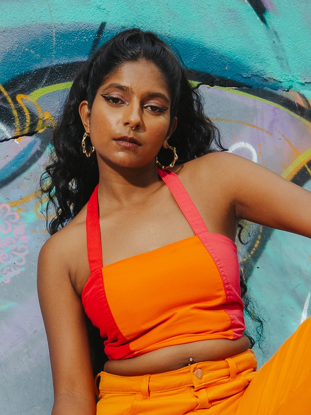 

FREAKINS Colourblocked Halter Neck Pure Cotton Crop Fitted Top, Orange