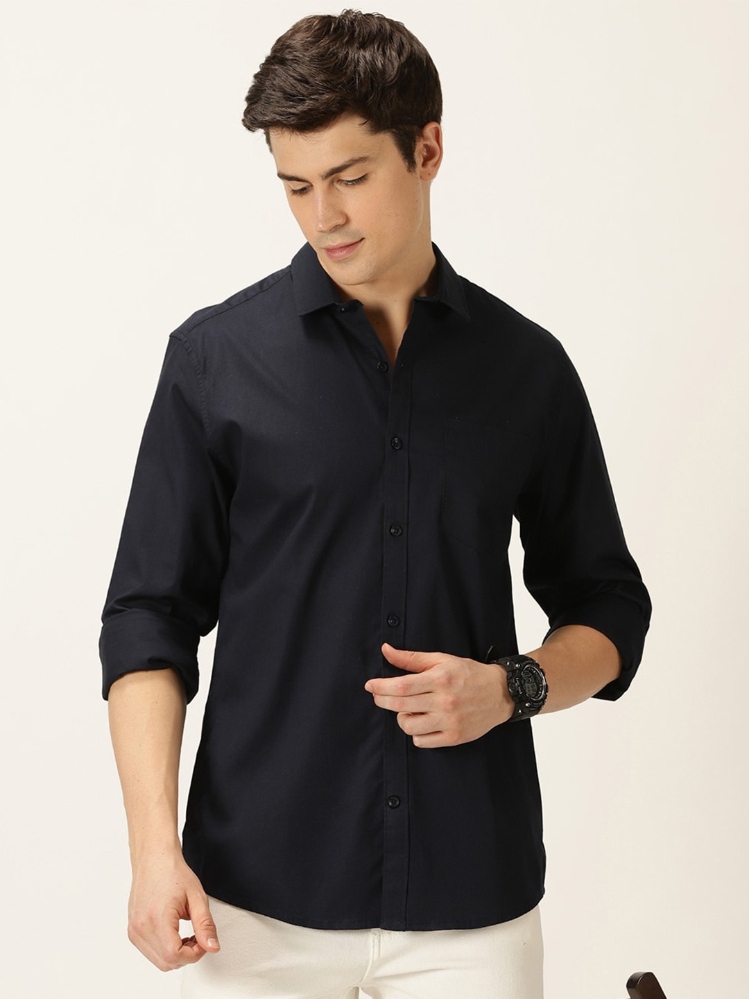 

Mast & Harbour Classic Slim Fit Pure Cotton Casual Shirt, Navy blue