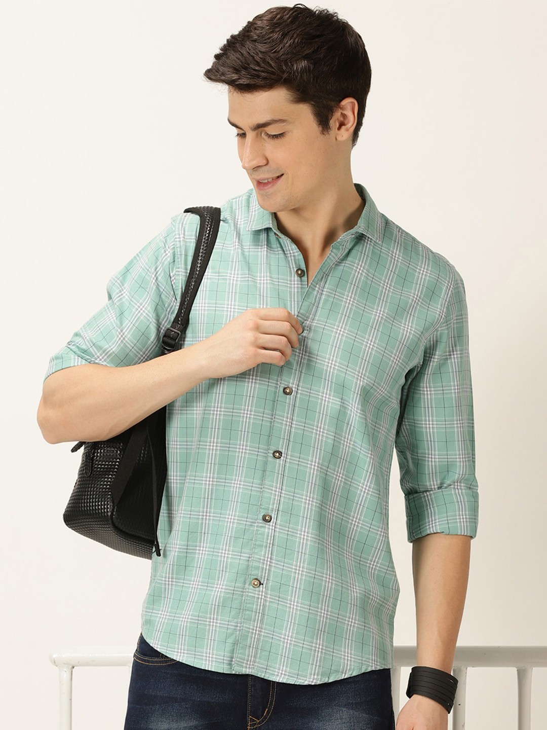 

Mast & Harbour Classic Slim Fit Twill Checked Pure Cotton Casual Shirt, Green