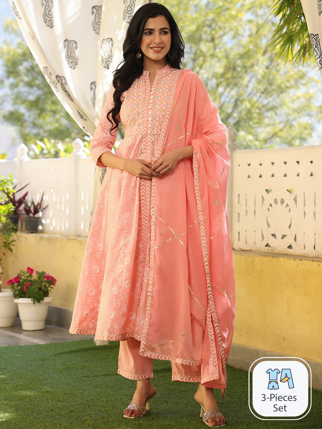 

Rangeelo Ethnic Motifs Printed Pure Cotton A-Line Kurta With Trousers & Dupatta, Peach