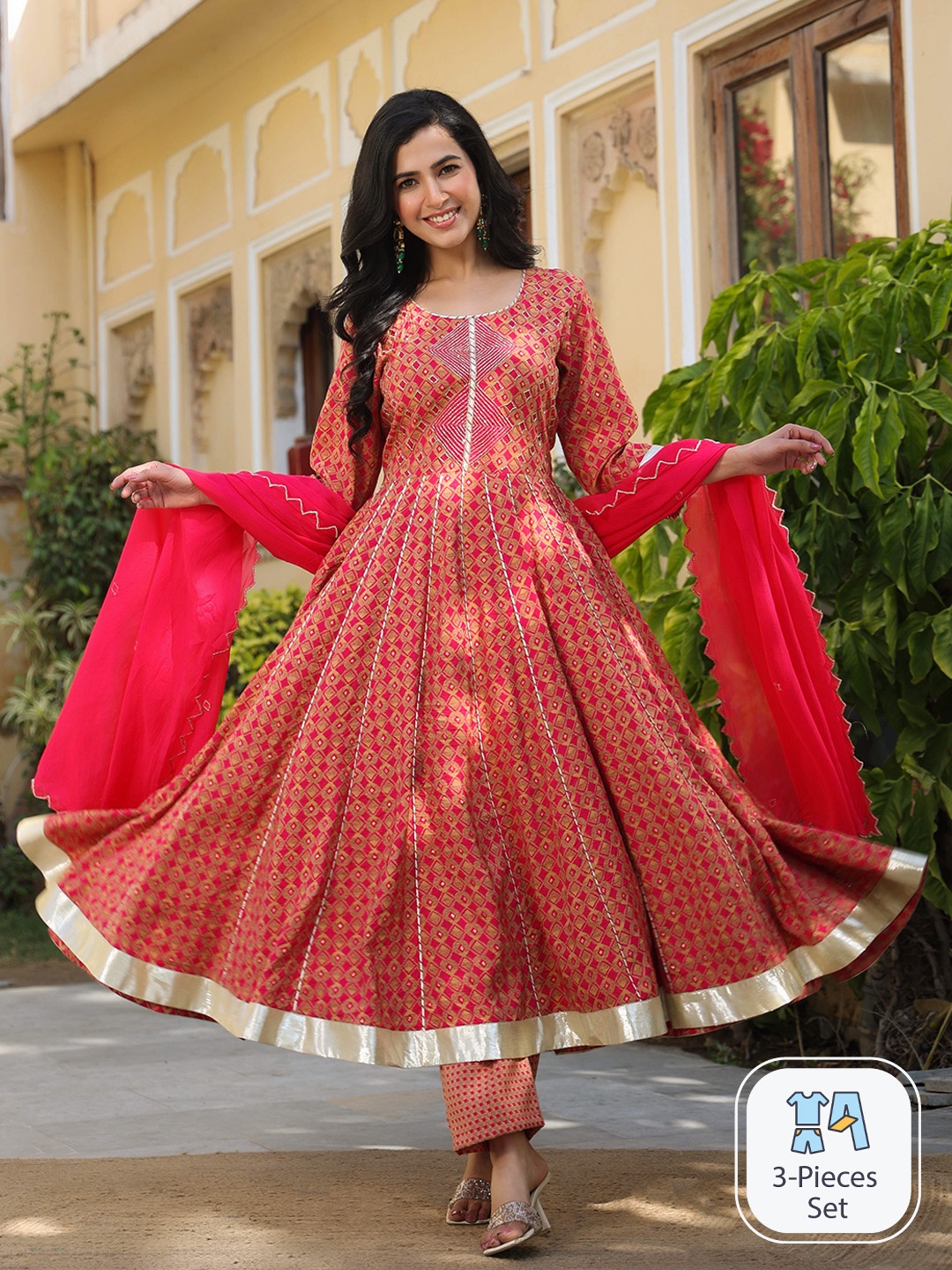 

Rangeelo Floral Printed Anarkali Kurta with Palazzos & With Dupatta, Pink