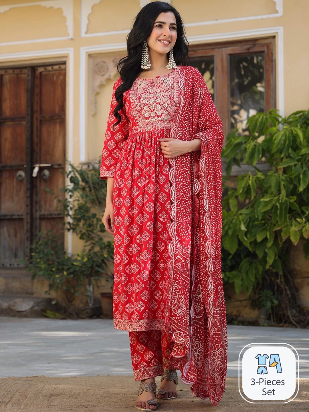 

Rangeelo Ethnic Motifs Printed Thread Work detail Straight Kurta & Trousers With Dupatta, Red