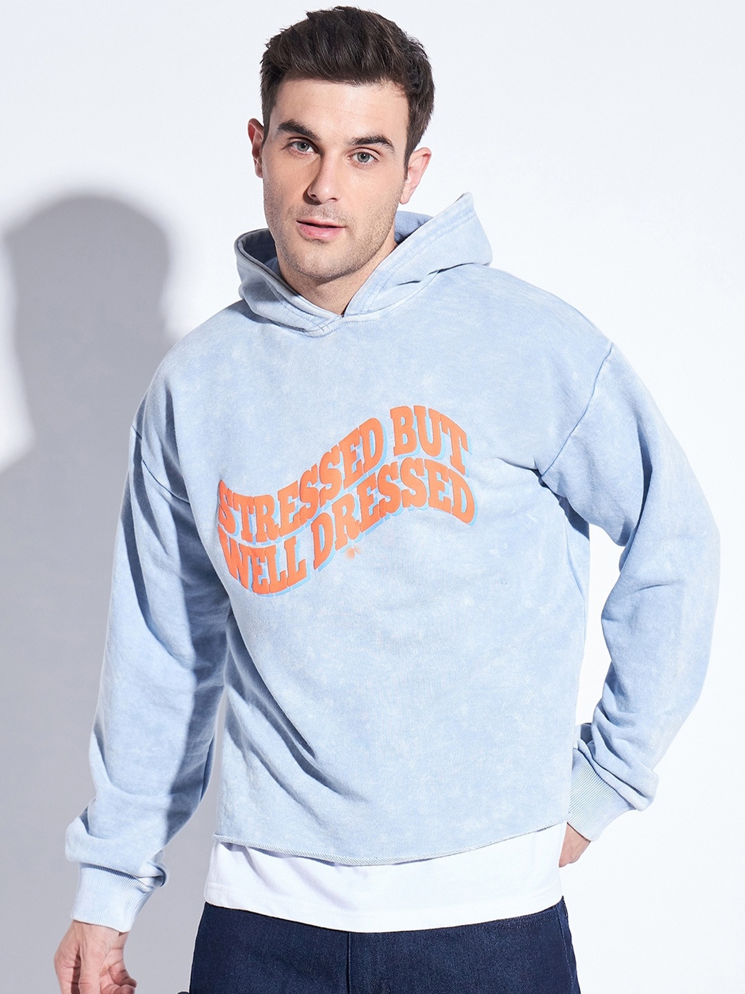 

FUGAZEE Typography Printed Hooded Cotton Pullover, Blue