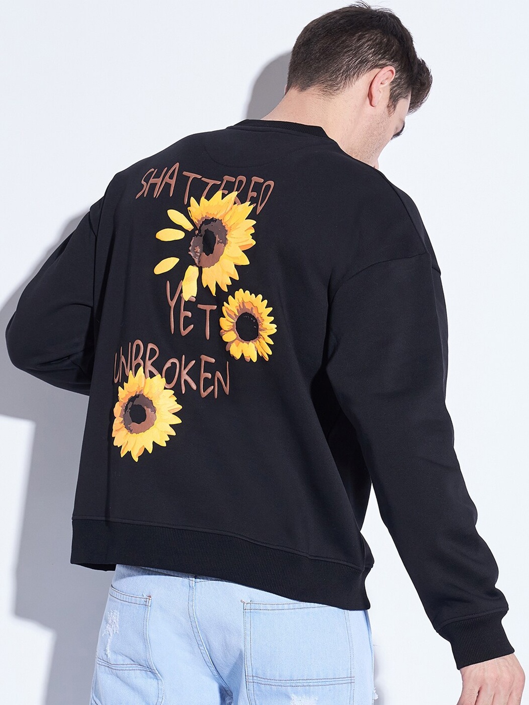 

FUGAZEE Sunflower Printed Cotton Oversized Pullover, Black