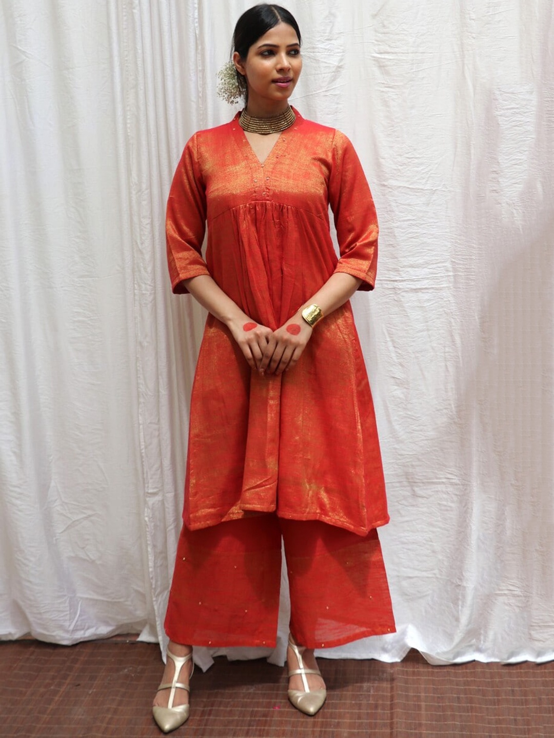 

Chidiyaa Lali Sequined V-Neck A-Line Kurta with Palazzos, Orange