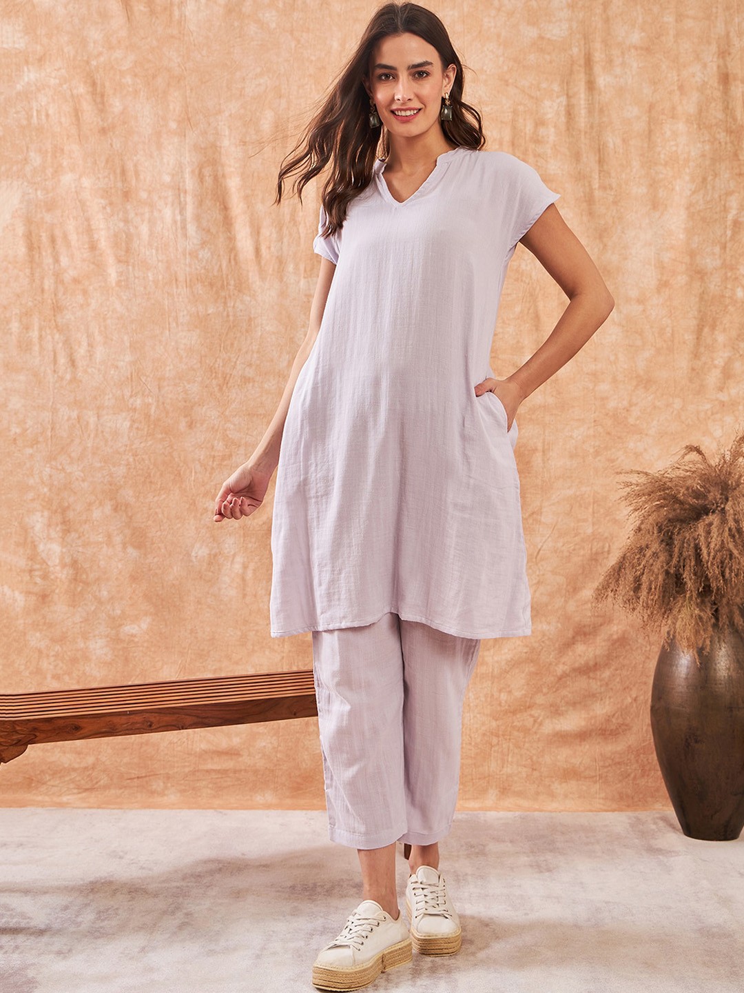 

The Kaftan Company Mandarin Collar Pure Cotton Co-Ords, Lavender