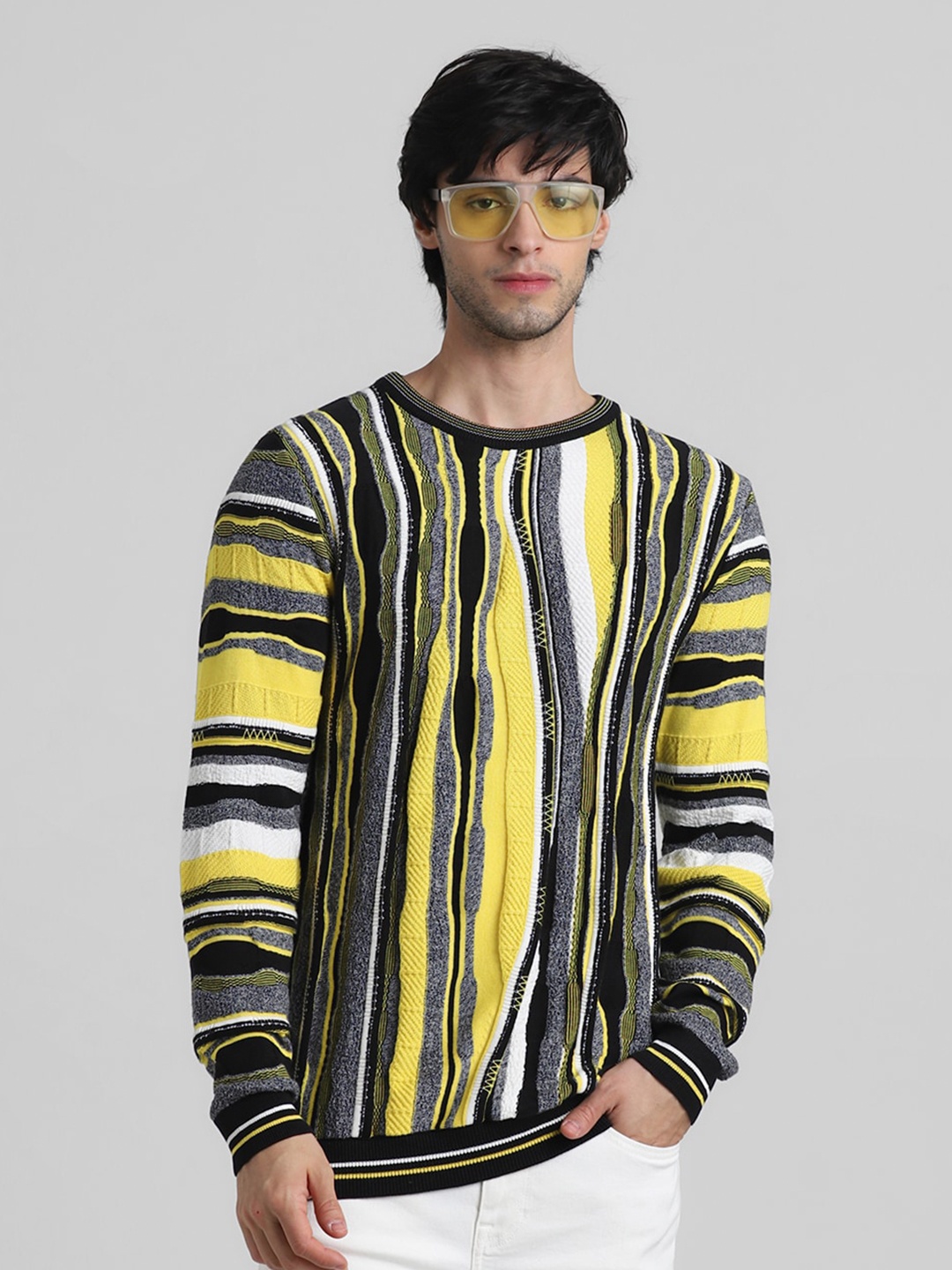 

Jack & Jones Striped Pure Cotton Pullover Sweater, Yellow